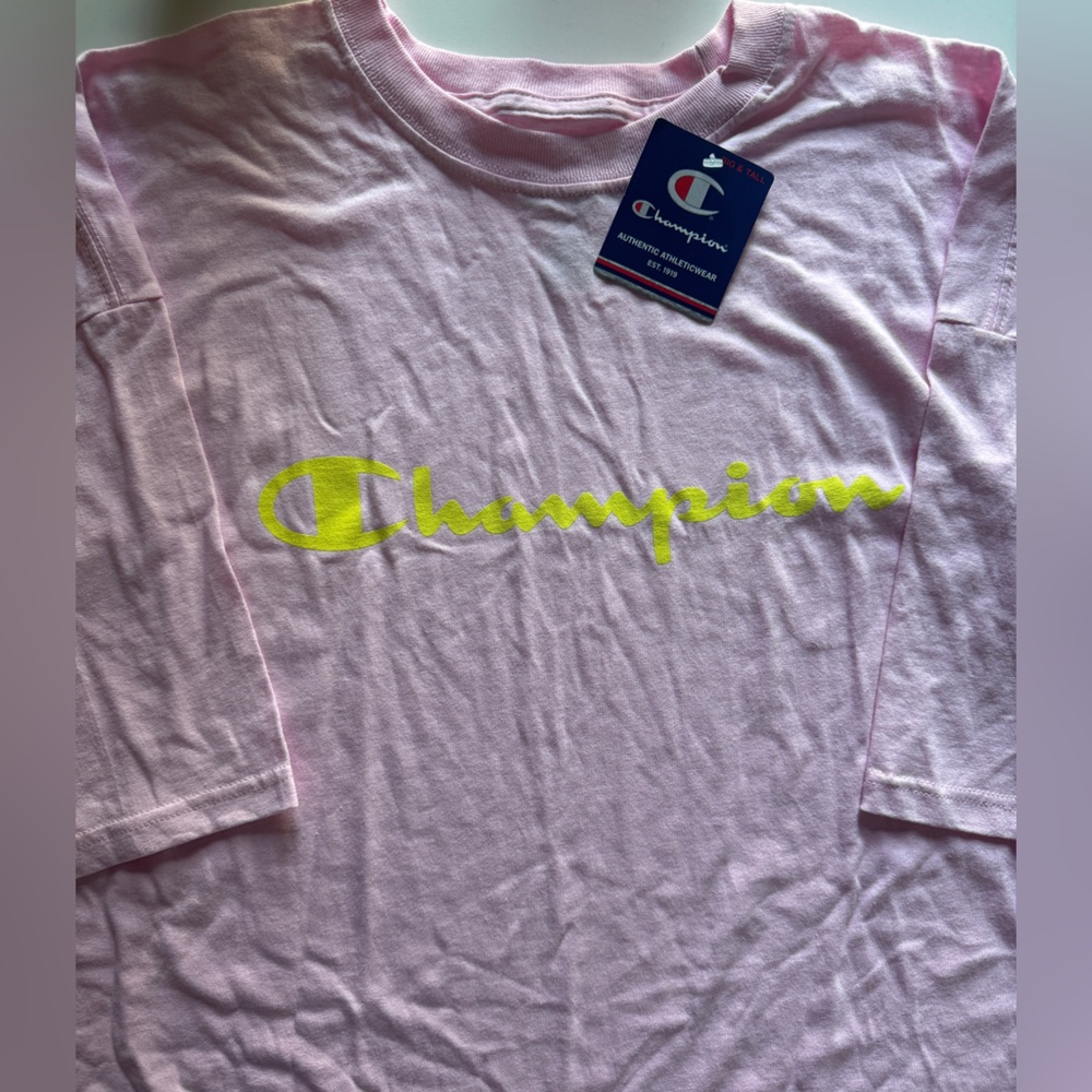 Champion Light Pink Tee with Neon Yellow Logo NWT